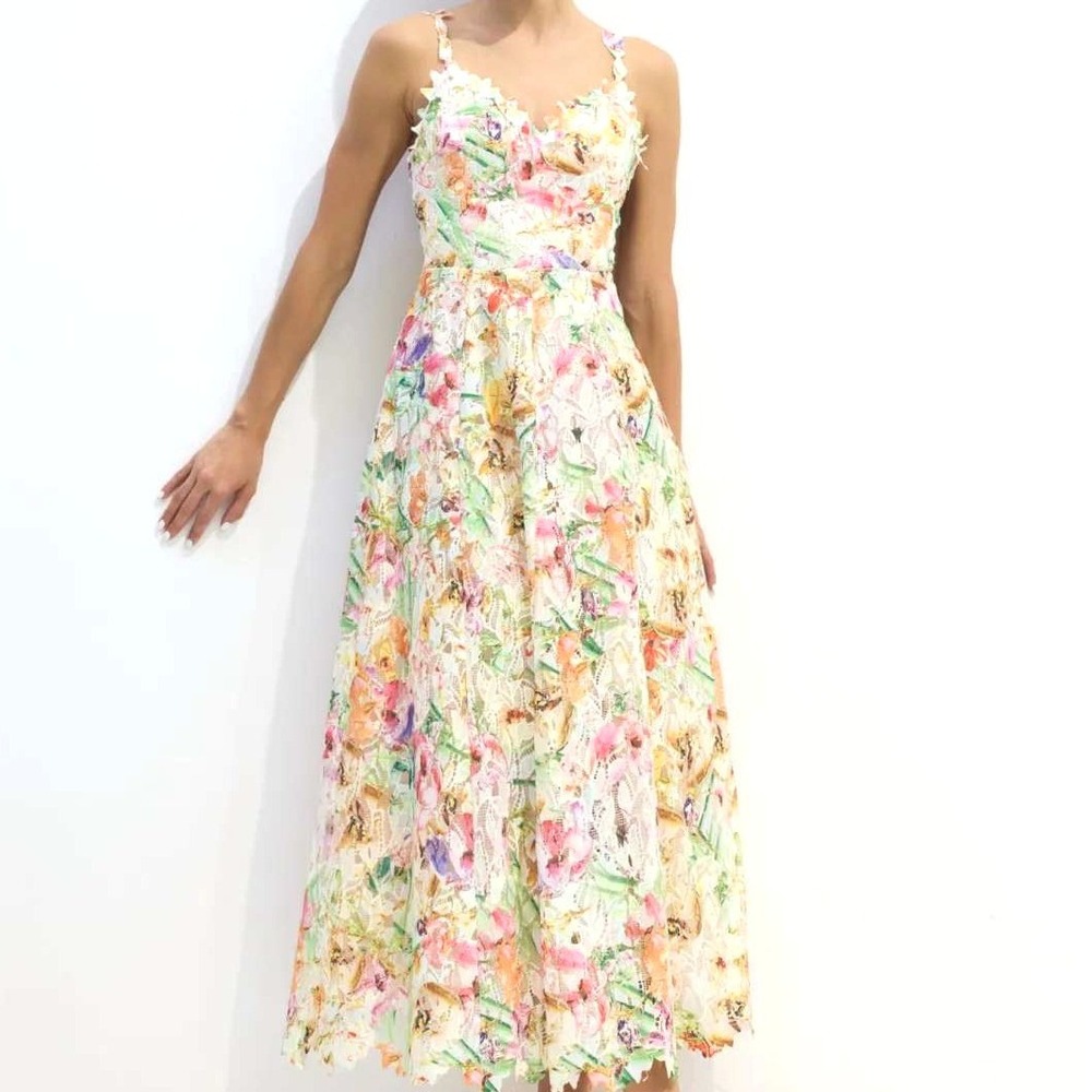 CAROLINE MORGAN NWT Women's 10 Beige Embroidered Floral Lace Midi Dress Gown
